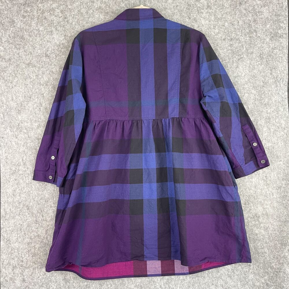 Burberry Brit Shirtdress Dress Womens XL Purple Plaid 3/4 Sleeve Cotton Pocket - Picture 10 of 15